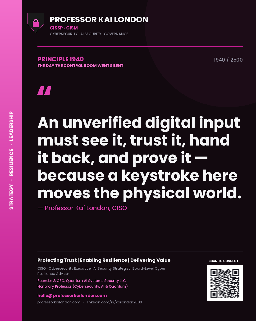 Quote card by Professor Kai London reading 'An unverified digital input must see it, trust it, hand it back, and prove it — because a keystroke here moves the physical world.'. From the book The Day the Control Room Went Silent.