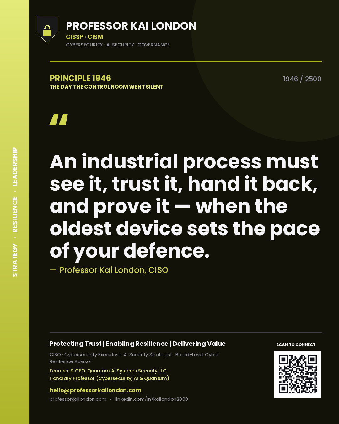 Quote card by Professor Kai London reading 'An industrial process must see it, trust it, hand it back, and prove it — when the oldest device sets the pace of your defence.'. From the book The Day the Control Room Went Silent.