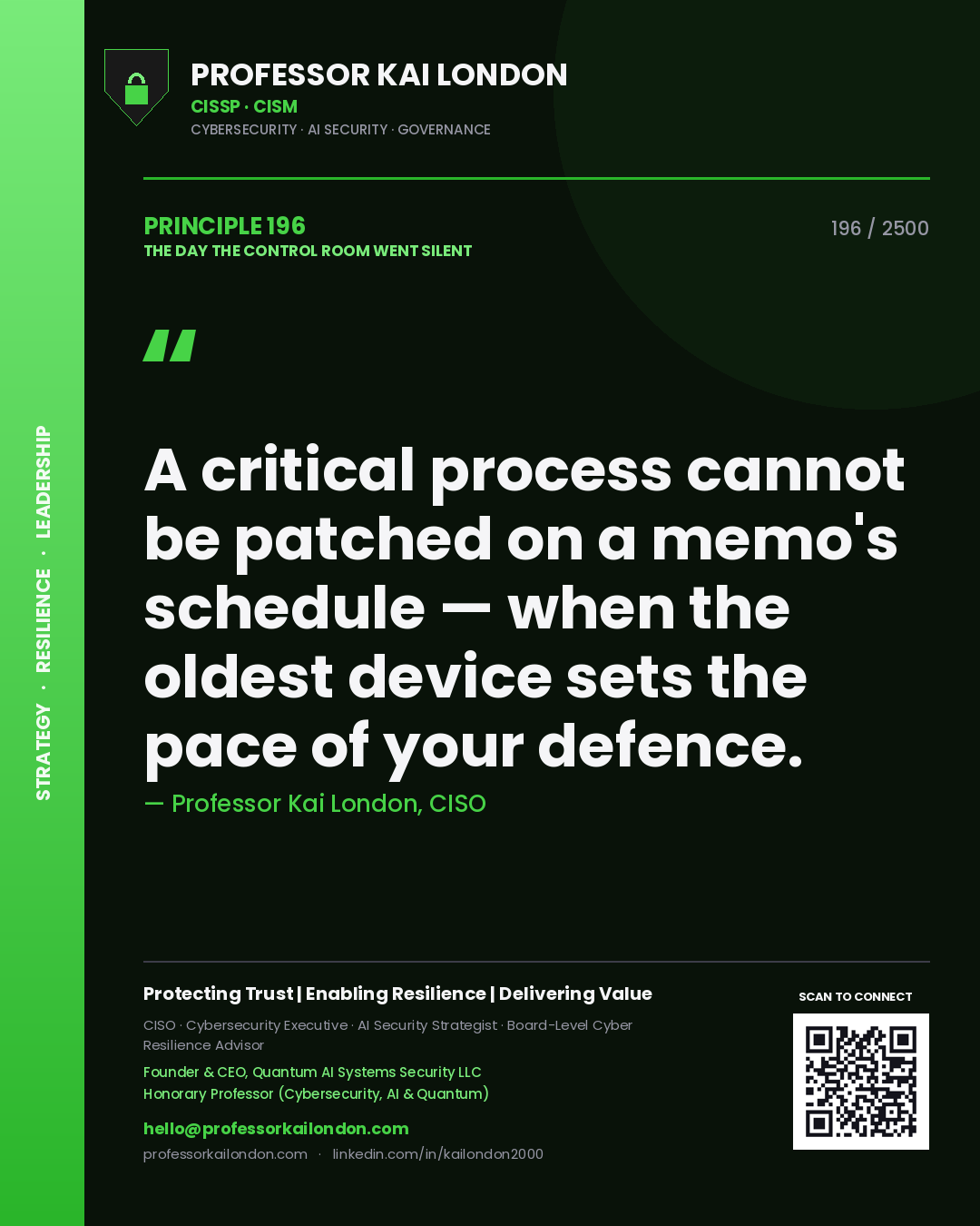 Professor Kai London principle 196: A critical process cannot be patched on a memo's schedule — when the oldest device sets the pace of your defence.