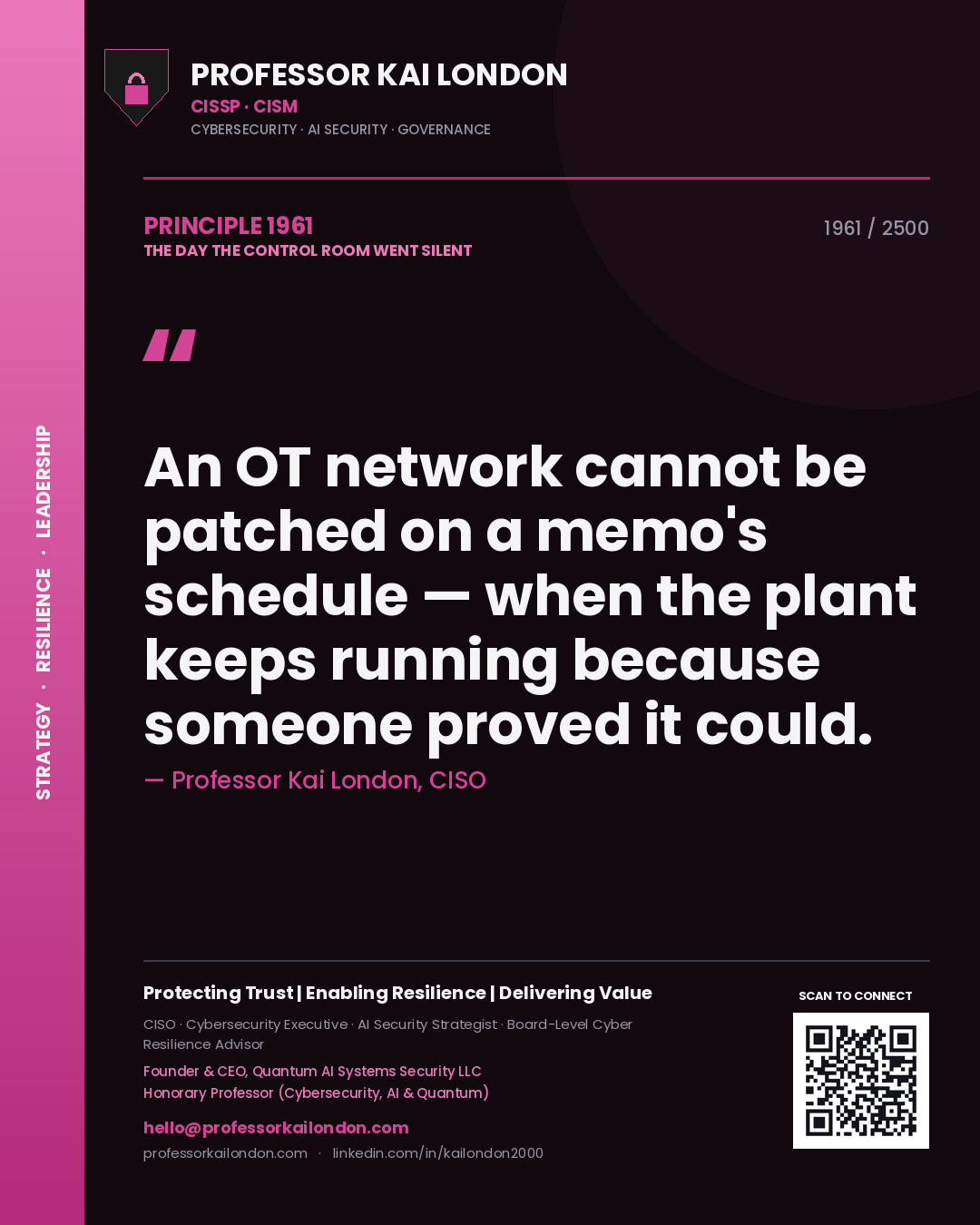 Quote card by Professor Kai London reading 'An OT network cannot be patched on a memo's schedule — when the plant keeps running because someone proved it could.'. From the book The Day the Control Room Went Silent.