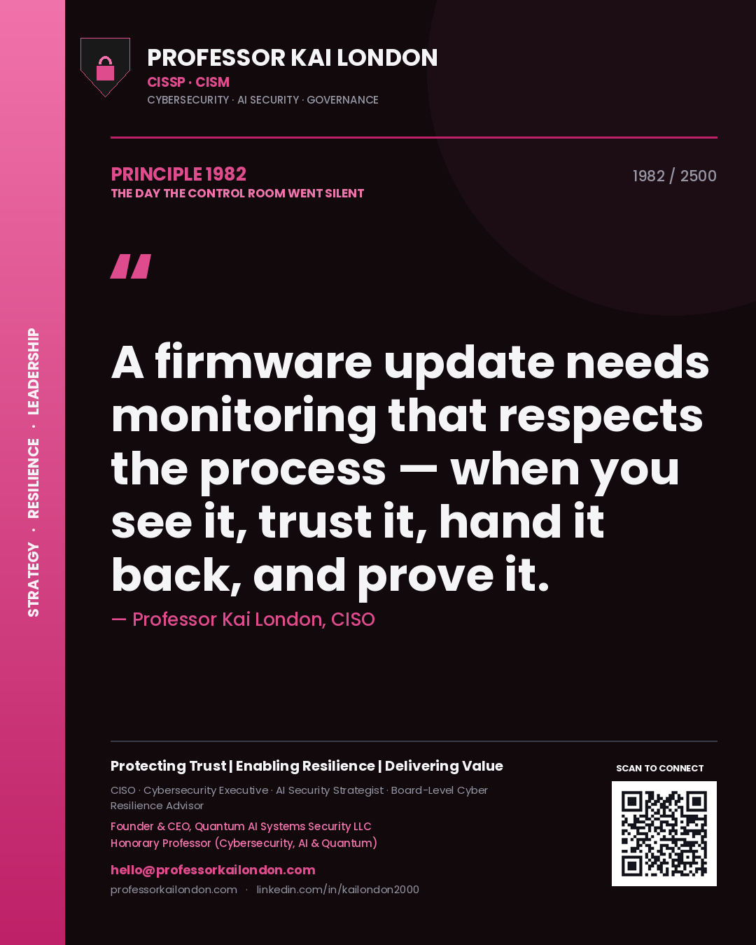 Quote card by Professor Kai London reading 'A firmware update needs monitoring that respects the process — when you see it, trust it, hand it back, and prove it.'. From the book The Day the Control Room Went Silent.