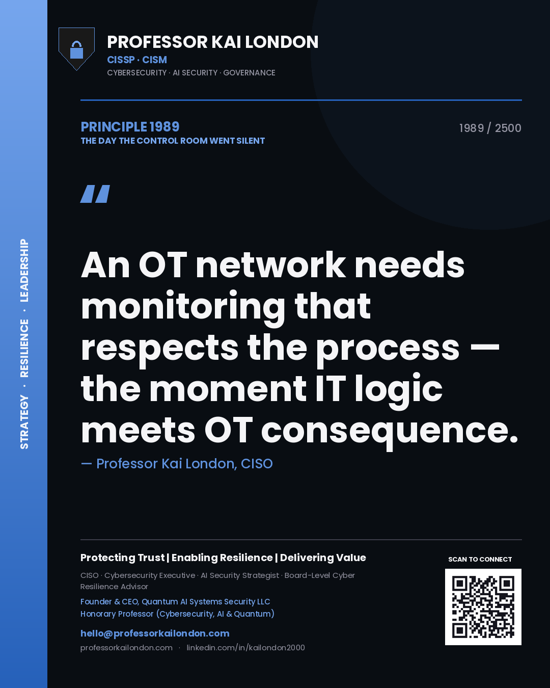 Quote card by Professor Kai London reading 'An OT network needs monitoring that respects the process — the moment IT logic meets OT consequence.'. From the book The Day the Control Room Went Silent.