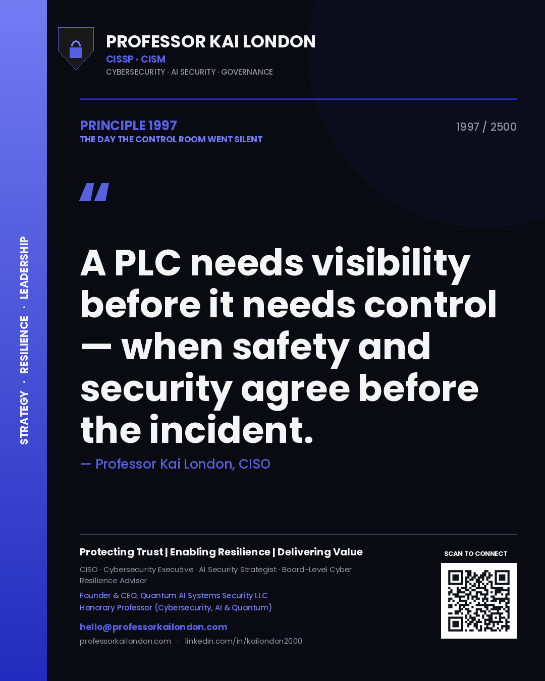Quote card by Professor Kai London reading 'A PLC needs visibility before it needs control — when safety and security agree before the incident.'. From the book The Day the Control Room Went Silent.