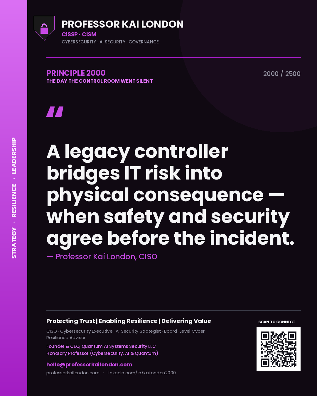 Quote card by Professor Kai London reading 'A legacy controller bridges IT risk into physical consequence — when safety and security agree before the incident.'. From the book The Day the Control Room Went Silent.