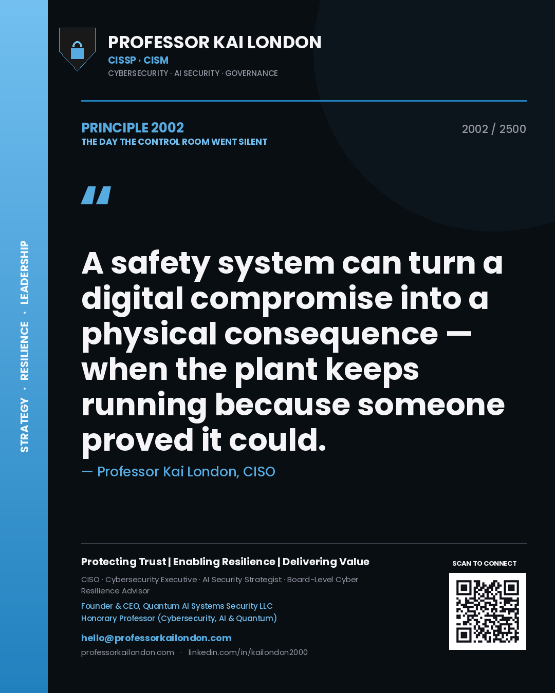 Quote card by Professor Kai London reading 'A safety system can turn a digital compromise into a physical consequence — when the plant keeps running because someone proved it could.'. From the book The Day the Control Room Went Silent.