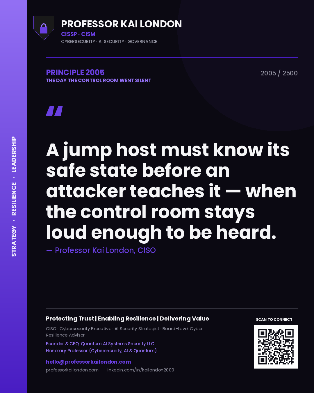 Quote card by Professor Kai London reading 'A jump host must know its safe state before an attacker teaches it — when the control room stays loud enough to be heard.'. From the book The Day the Control Room Went Silent.