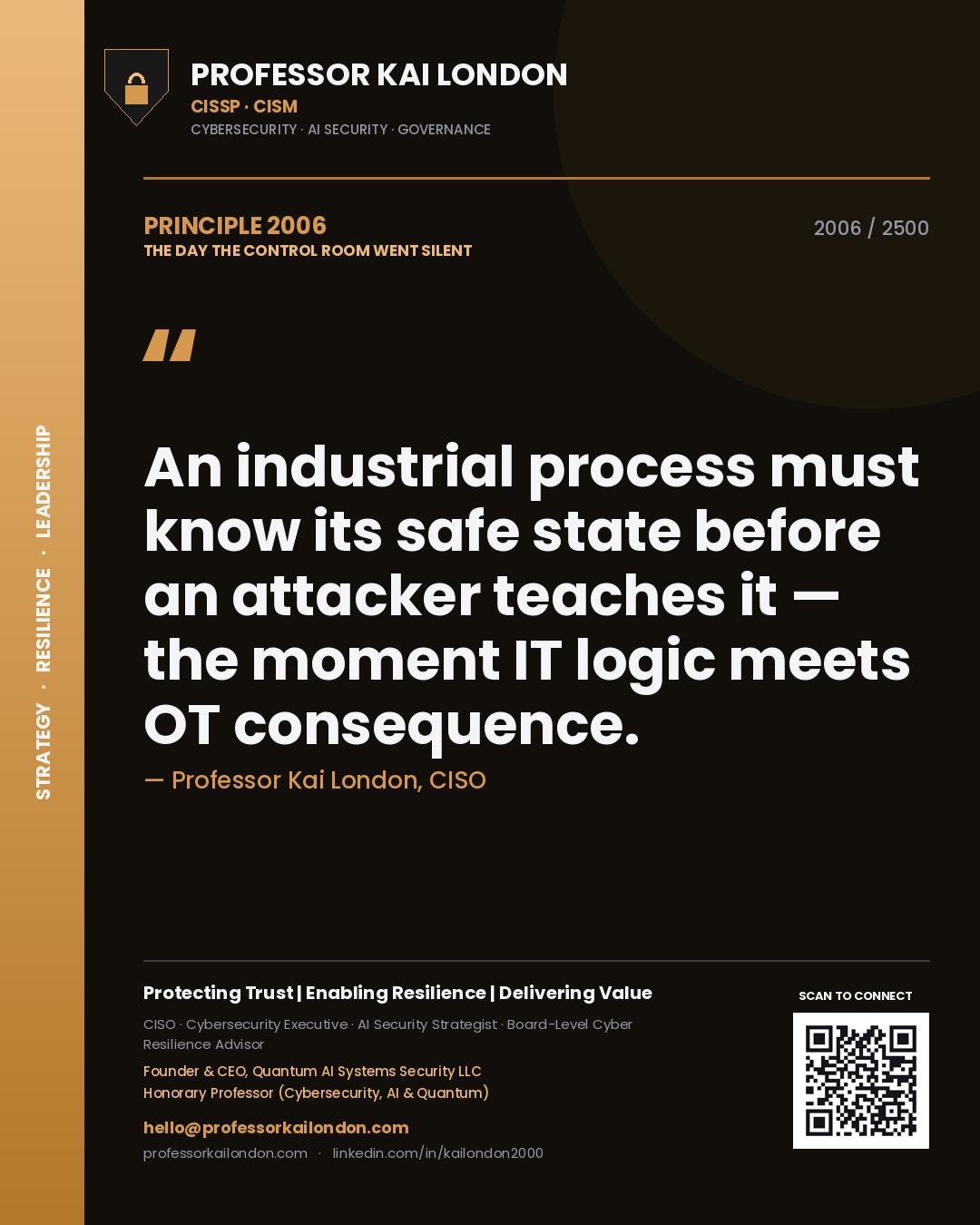 Quote card by Professor Kai London reading 'An industrial process must know its safe state before an attacker teaches it — the moment IT logic meets OT consequence.'. From the book The Day the Control Room Went Silent.
