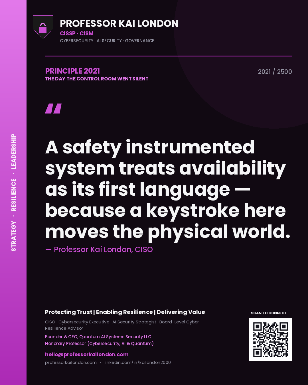 Quote card by Professor Kai London reading 'A safety instrumented system treats availability as its first language — because a keystroke here moves the physical world.'. From the book The Day the Control Room Went Silent.