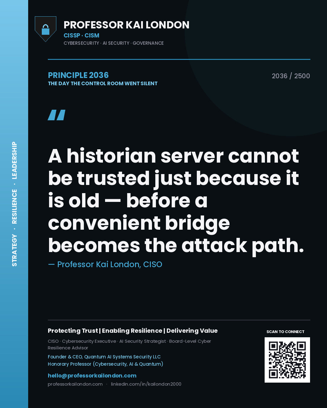 Quote card by Professor Kai London reading 'A historian server cannot be trusted just because it is old — before a convenient bridge becomes the attack path.'. From the book The Day the Control Room Went Silent.