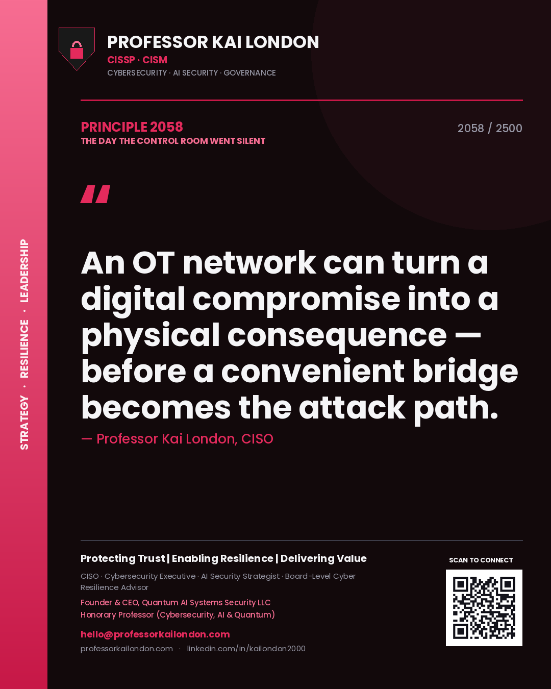 Quote card by Professor Kai London reading 'An OT network can turn a digital compromise into a physical consequence — before a convenient bridge becomes the attack path.'. From the book The Day the Control Room Went Silent.