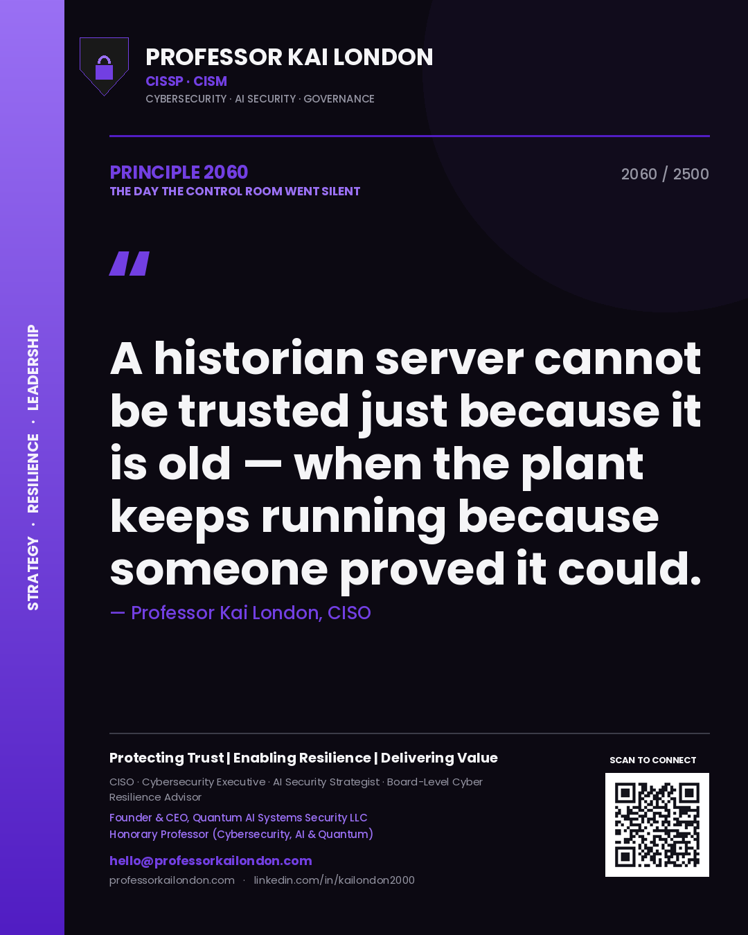 Professor Kai London principle 2060: A historian server cannot be trusted just because it is old — when the plant keeps running because someone proved it could.