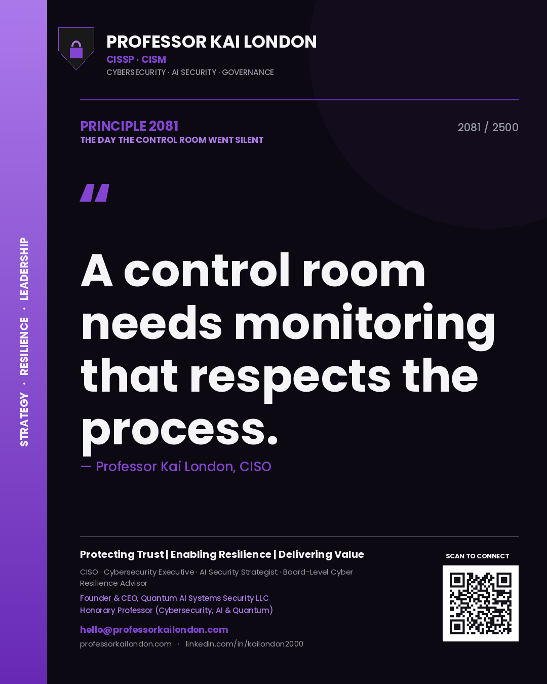 Quote card by Professor Kai London reading 'A control room needs monitoring that respects the process.'. From the book The Day the Control Room Went Silent.