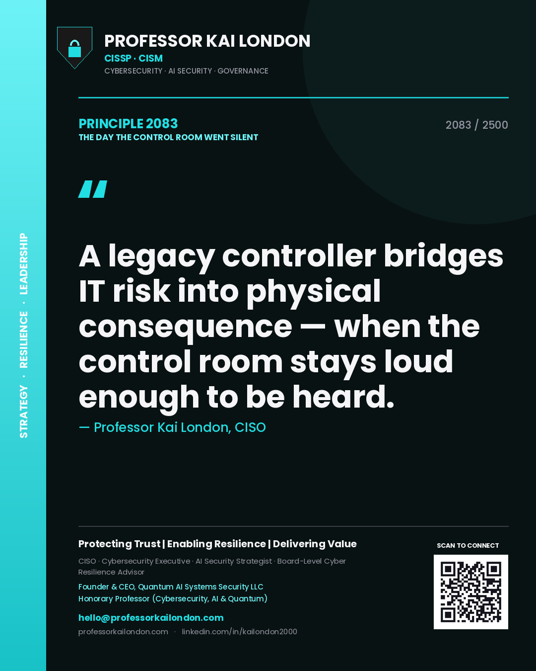 Quote card by Professor Kai London reading 'A legacy controller bridges IT risk into physical consequence — when the control room stays loud enough to be heard.'. From the book The Day the Control Room Went Silent.