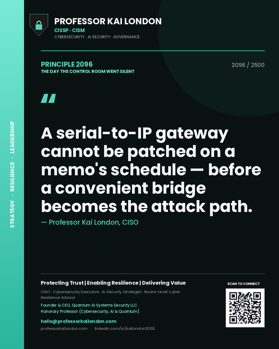 Professor Kai London principle 2096: A serial-to-IP gateway cannot be patched on a memo's schedule — before a convenient bridge becomes the attack path.