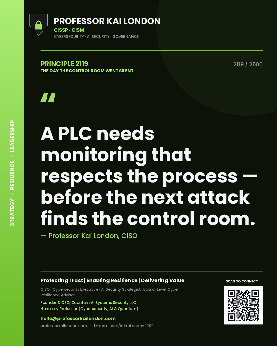 Quote card by Professor Kai London reading 'A PLC needs monitoring that respects the process — before the next attack finds the control room.'. From the book The Day the Control Room Went Silent.