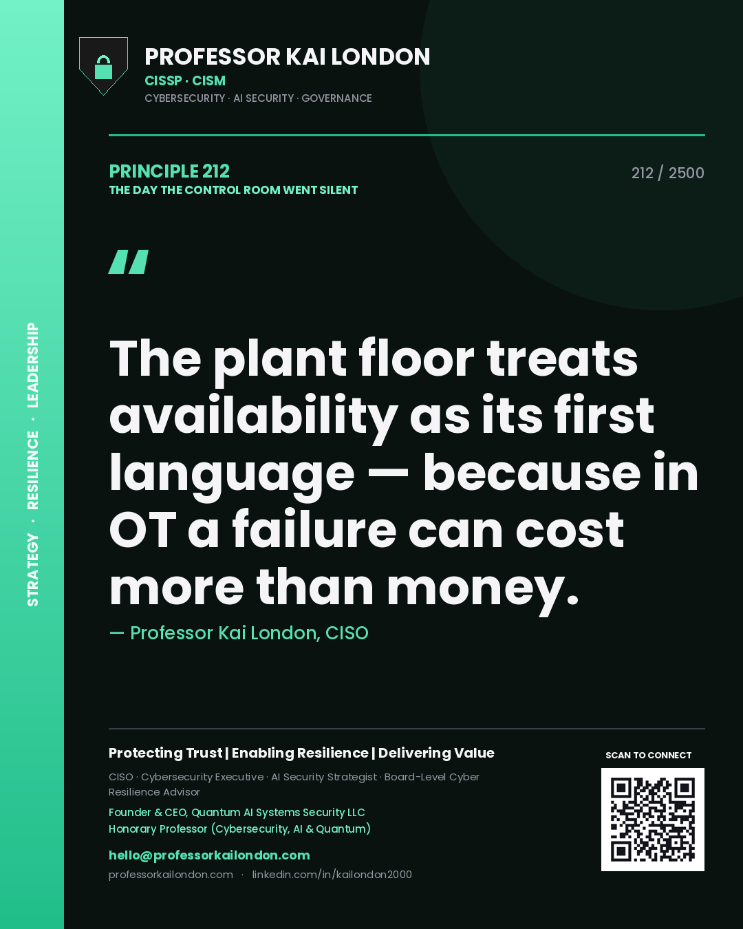 Quote card by Professor Kai London reading 'The plant floor treats availability as its first language — because in OT a failure can cost more than money.'. From the book The Day the Control Room Went Silent.