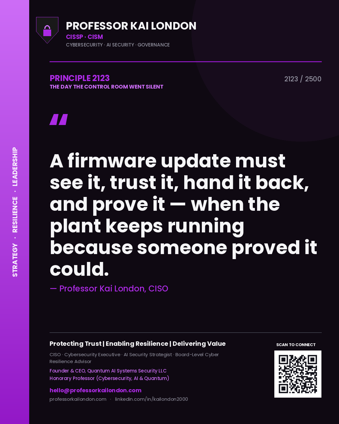 Professor Kai London principle 2123: A firmware update must see it, trust it, hand it back, and prove it — when the plant keeps running because someone proved it could.