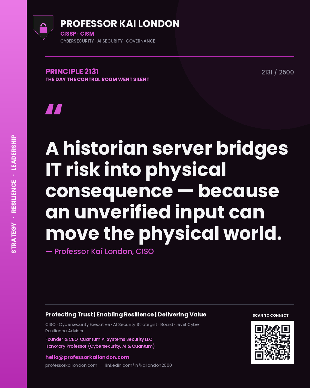 Professor Kai London principle 2131: A historian server bridges IT risk into physical consequence — because an unverified input can move the physical world.