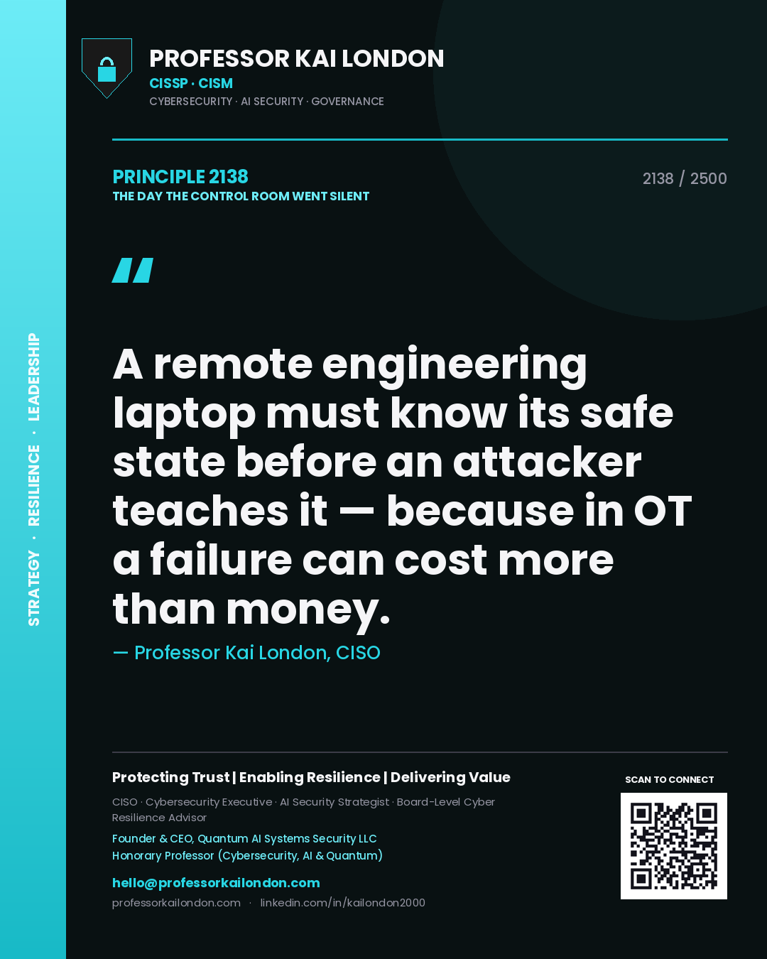 Quote card by Professor Kai London reading 'A remote engineering laptop must know its safe state before an attacker teaches it — because in OT a failure can cost more than money.'. From the book The Day the Control Room Went Silent.