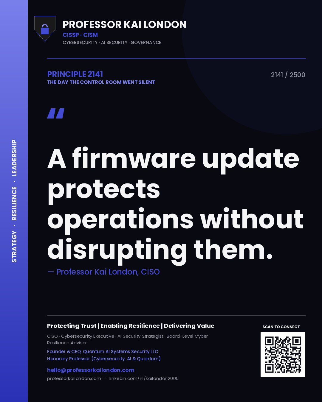 Quote card by Professor Kai London reading 'A firmware update protects operations without disrupting them.'. From the book The Day the Control Room Went Silent.