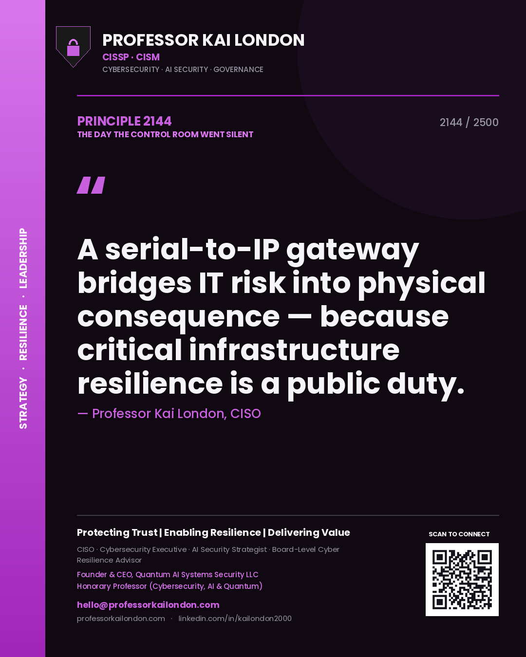 Quote card by Professor Kai London reading 'A serial-to-IP gateway bridges IT risk into physical consequence — because critical infrastructure resilience is a public duty.'. From the book The Day the Control Room Went Silent.