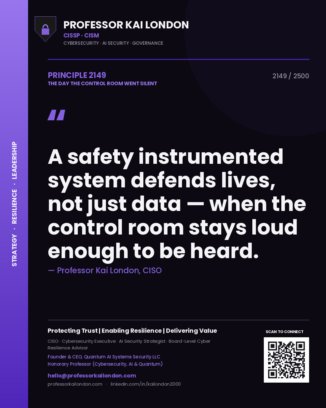 Professor Kai London principle 2149: A safety instrumented system defends lives, not just data — when the control room stays loud enough to be heard.