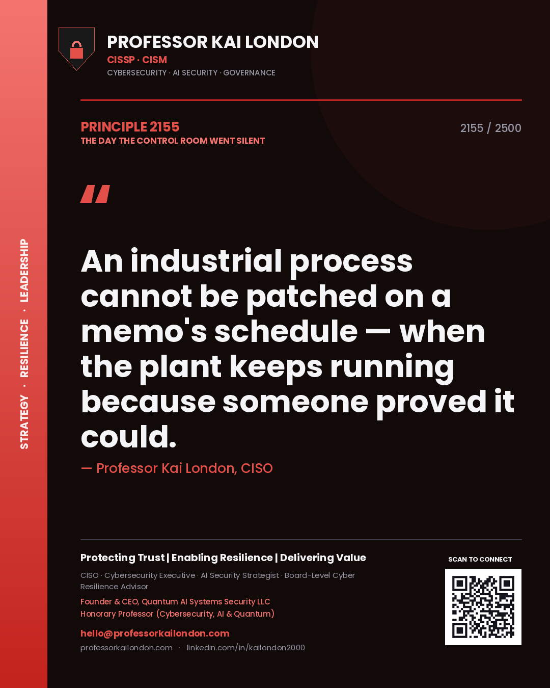 Quote card by Professor Kai London reading 'An industrial process cannot be patched on a memo's schedule — when the plant keeps running because someone proved it could.'. From the book The Day the Control Room Went Silent.
