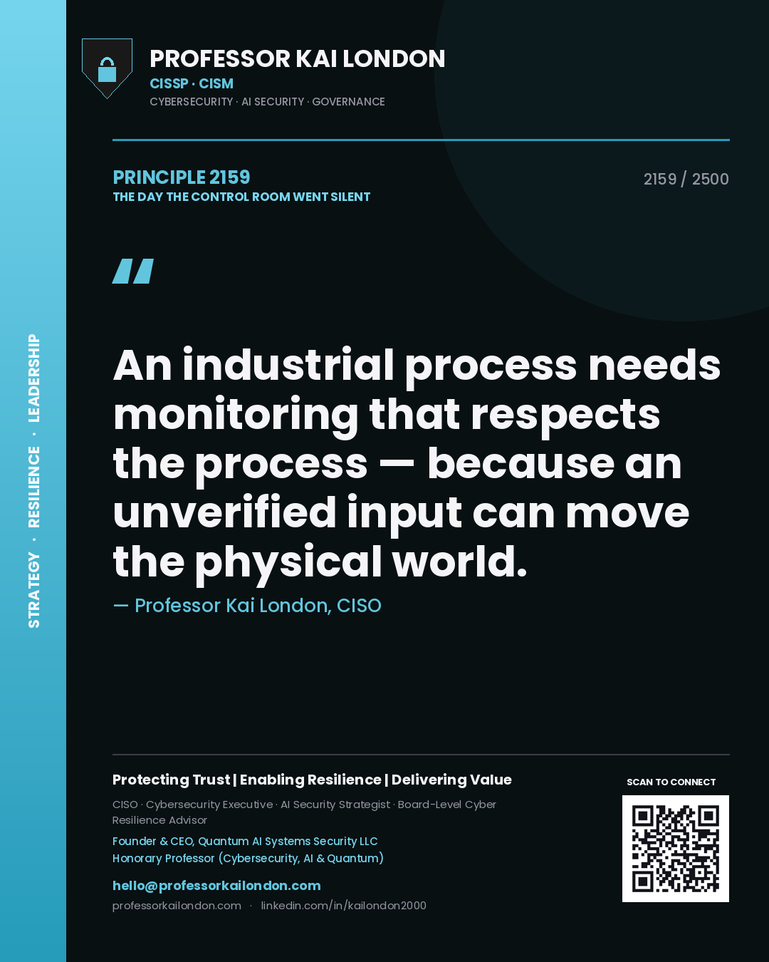 Professor Kai London principle 2159: An industrial process needs monitoring that respects the process — because an unverified input can move the physical world.