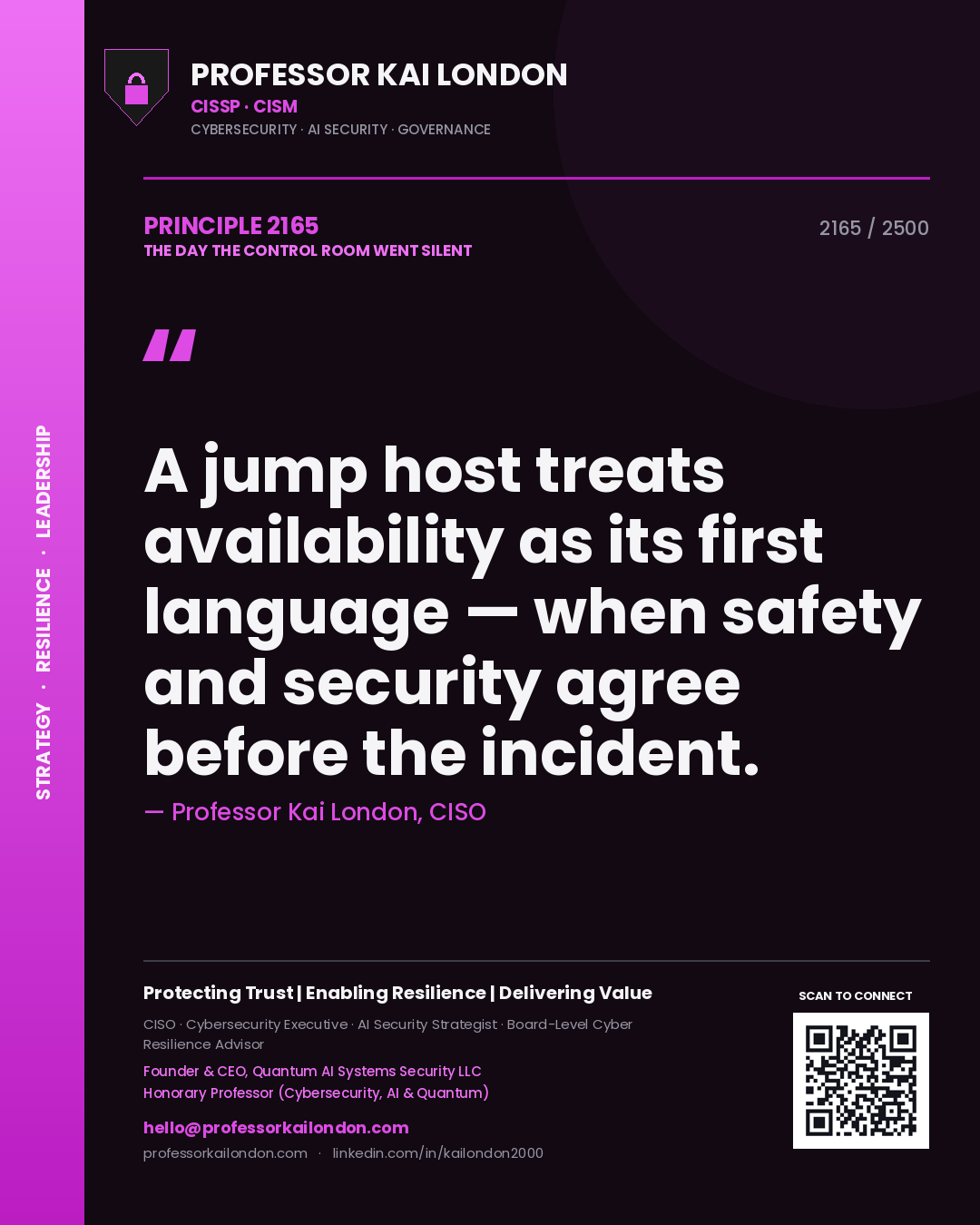 Professor Kai London principle 2165: A jump host treats availability as its first language — when safety and security agree before the incident.