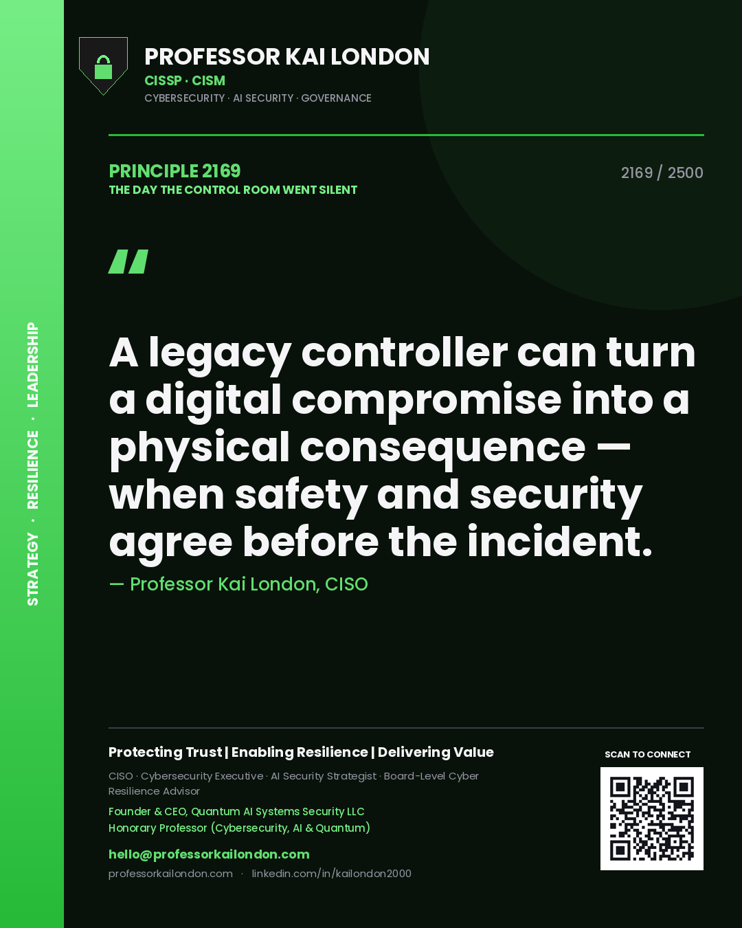 Professor Kai London principle 2169: A legacy controller can turn a digital compromise into a physical consequence — when safety and security agree before the incident.