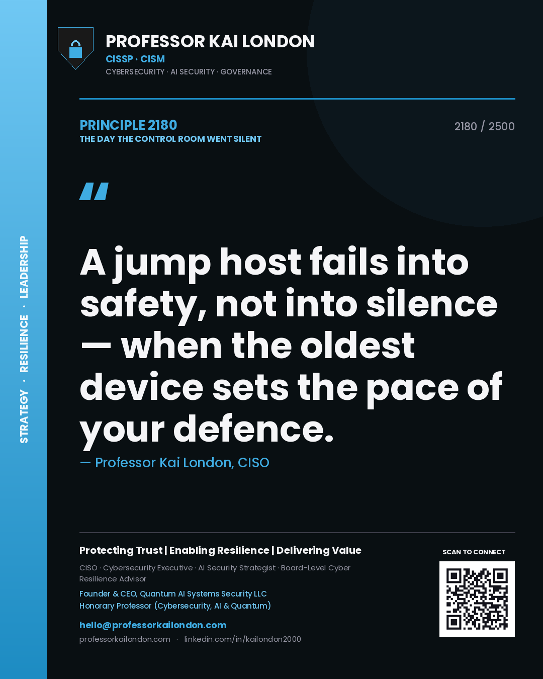 Quote card by Professor Kai London reading 'A jump host fails into safety, not into silence — when the oldest device sets the pace of your defence.'. From the book The Day the Control Room Went Silent.