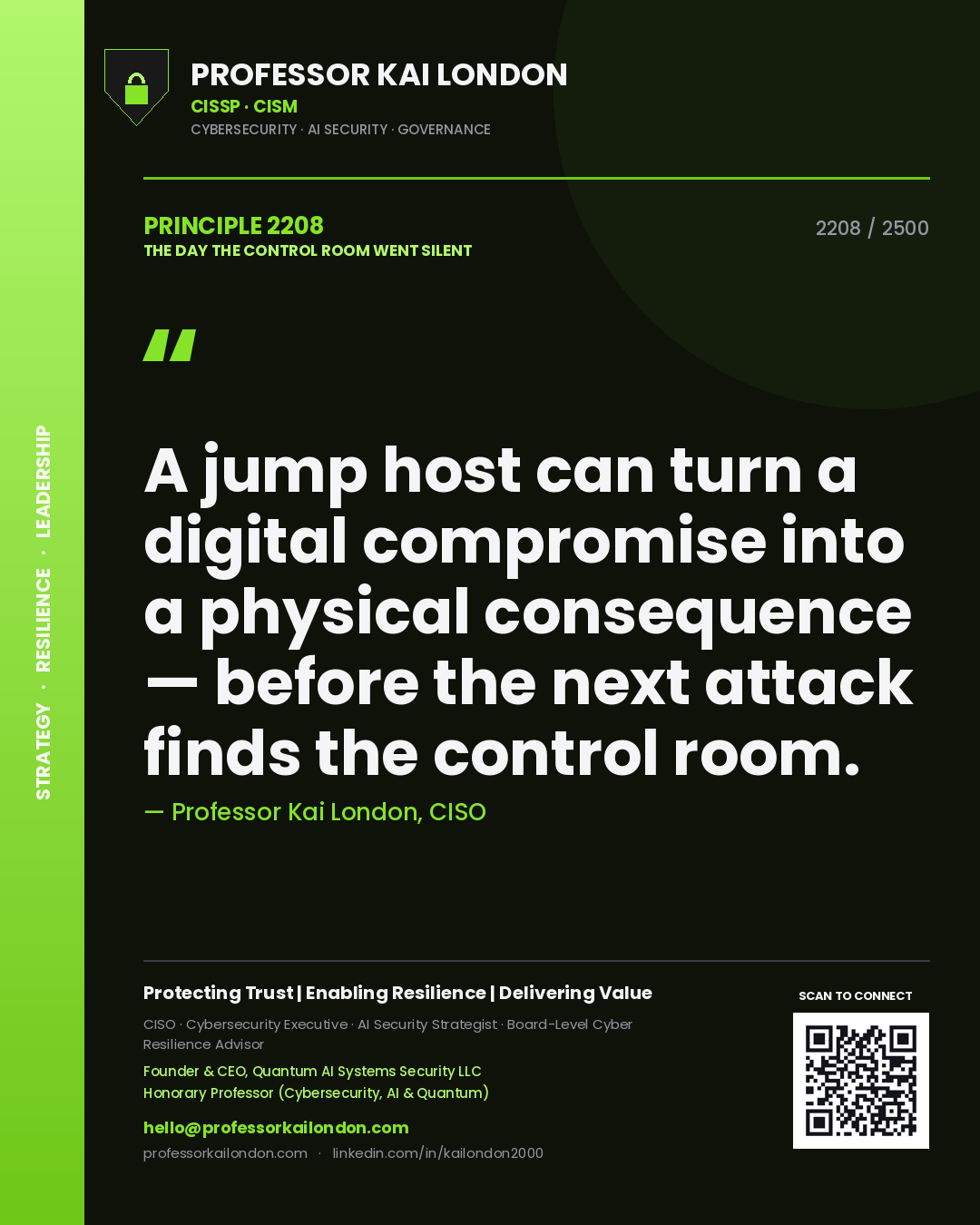 Quote card by Professor Kai London reading 'A jump host can turn a digital compromise into a physical consequence — before the next attack finds the control room.'. From the book The Day the Control Room Went Silent.