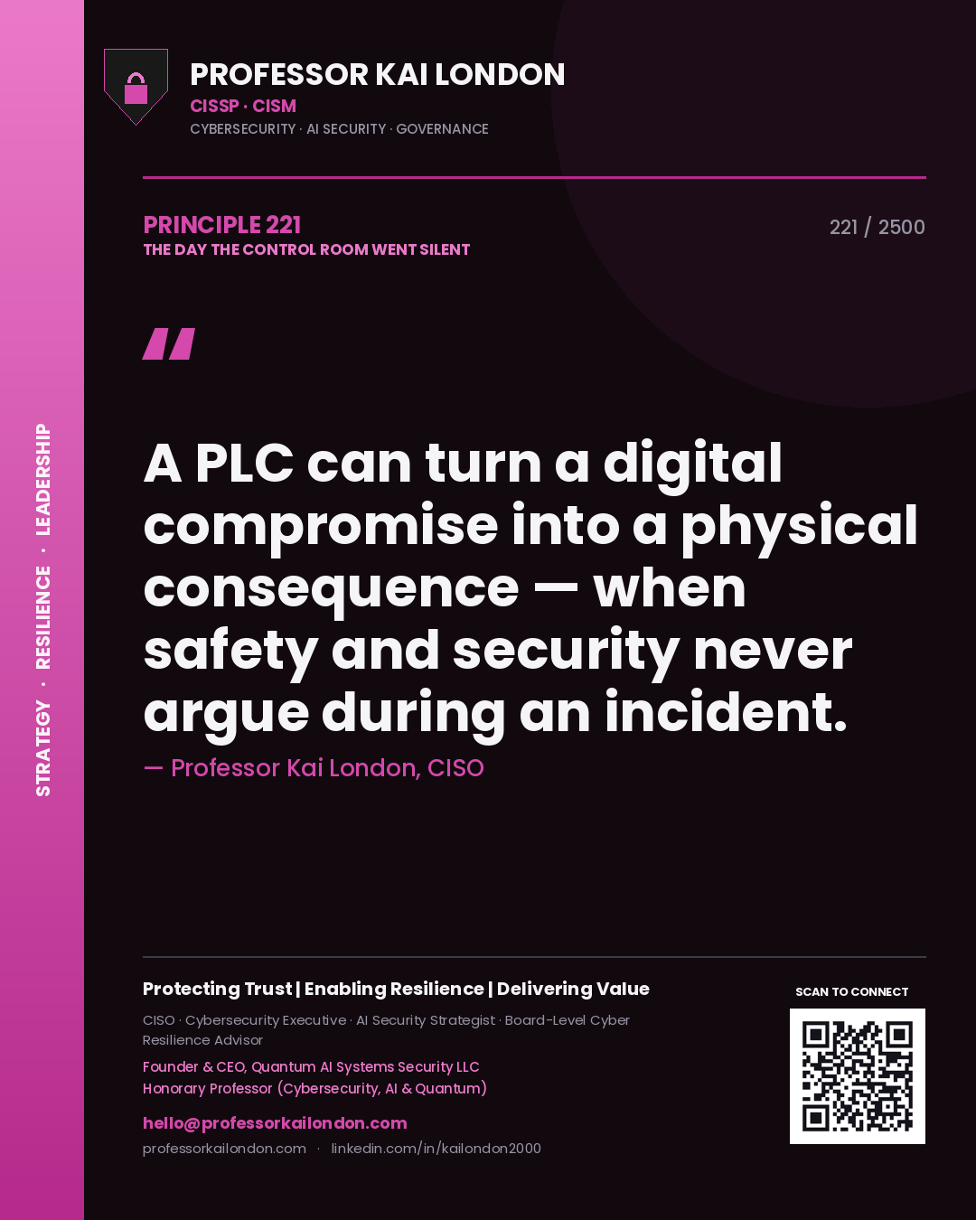 Professor Kai London principle 221: A PLC can turn a digital compromise into a physical consequence — when safety and security never argue during an incident.