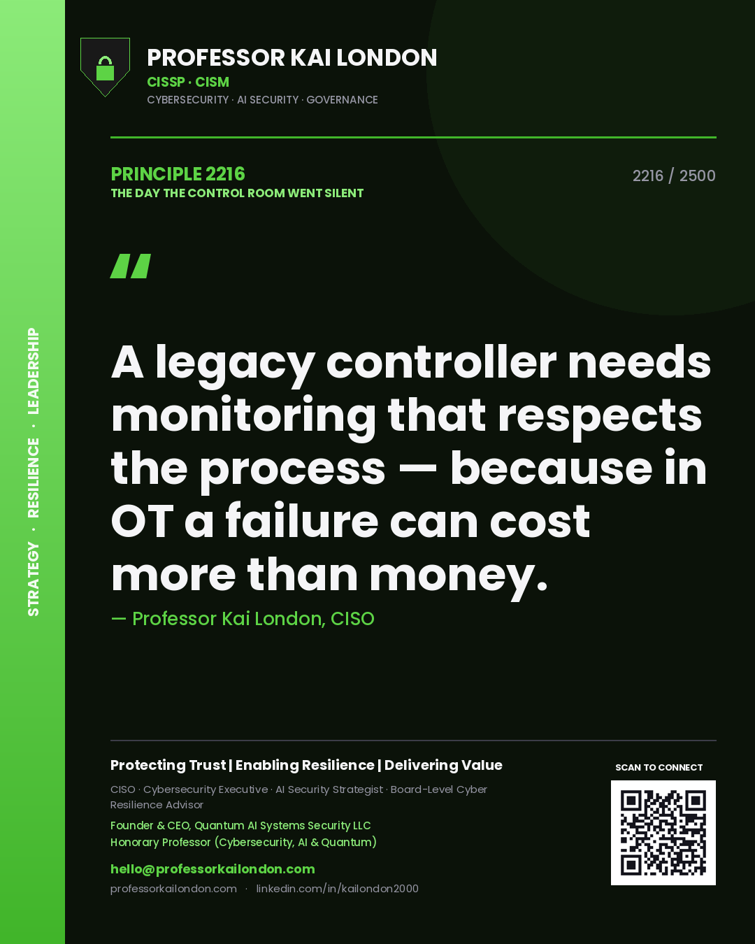Quote card by Professor Kai London reading 'A legacy controller needs monitoring that respects the process — because in OT a failure can cost more than money.'. From the book The Day the Control Room Went Silent.