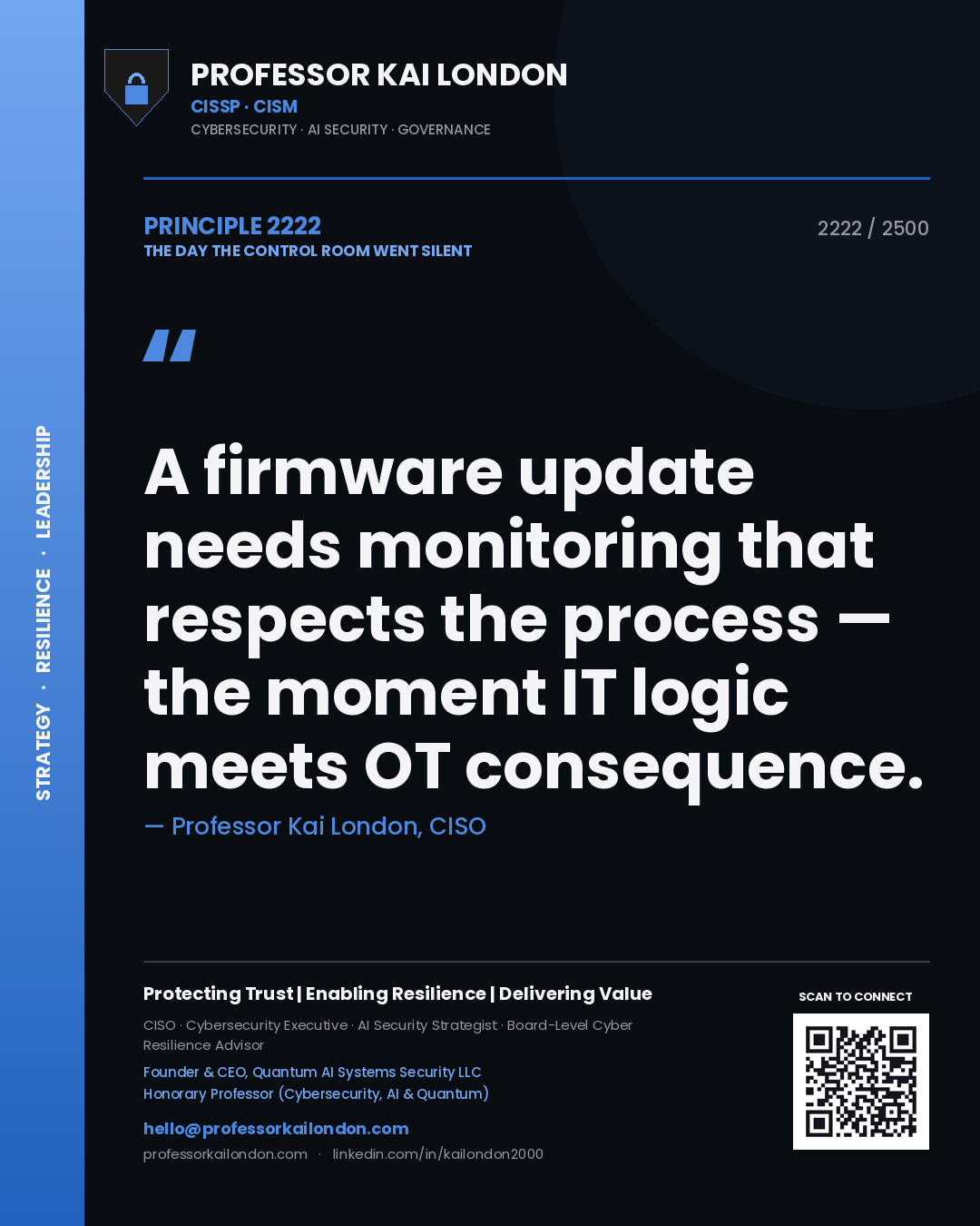 Quote card by Professor Kai London reading 'A firmware update needs monitoring that respects the process — the moment IT logic meets OT consequence.'. From the book The Day the Control Room Went Silent.