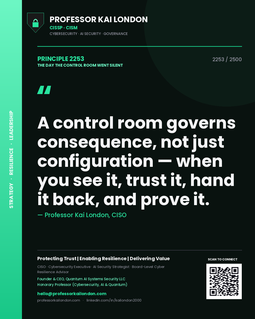 Quote card by Professor Kai London reading 'A control room governs consequence, not just configuration — when you see it, trust it, hand it back, and prove it.'. From the book The Day the Control Room Went Silent.