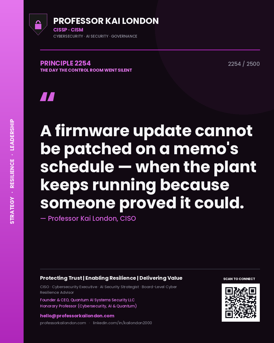 Quote card by Professor Kai London reading 'A firmware update cannot be patched on a memo's schedule — when the plant keeps running because someone proved it could.'. From the book The Day the Control Room Went Silent.
