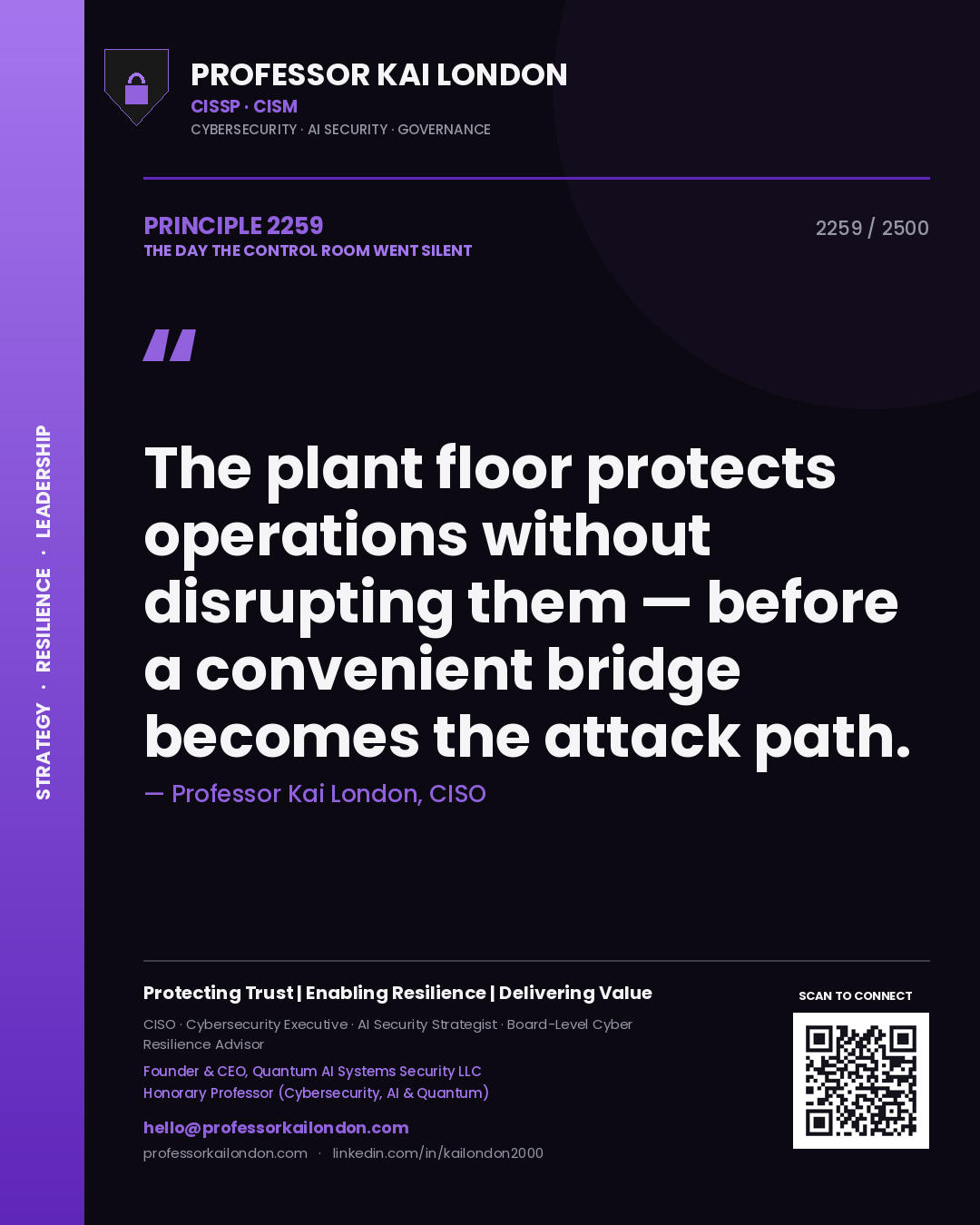 Quote card by Professor Kai London reading 'The plant floor protects operations without disrupting them — before a convenient bridge becomes the attack path.'. From the book The Day the Control Room Went Silent.