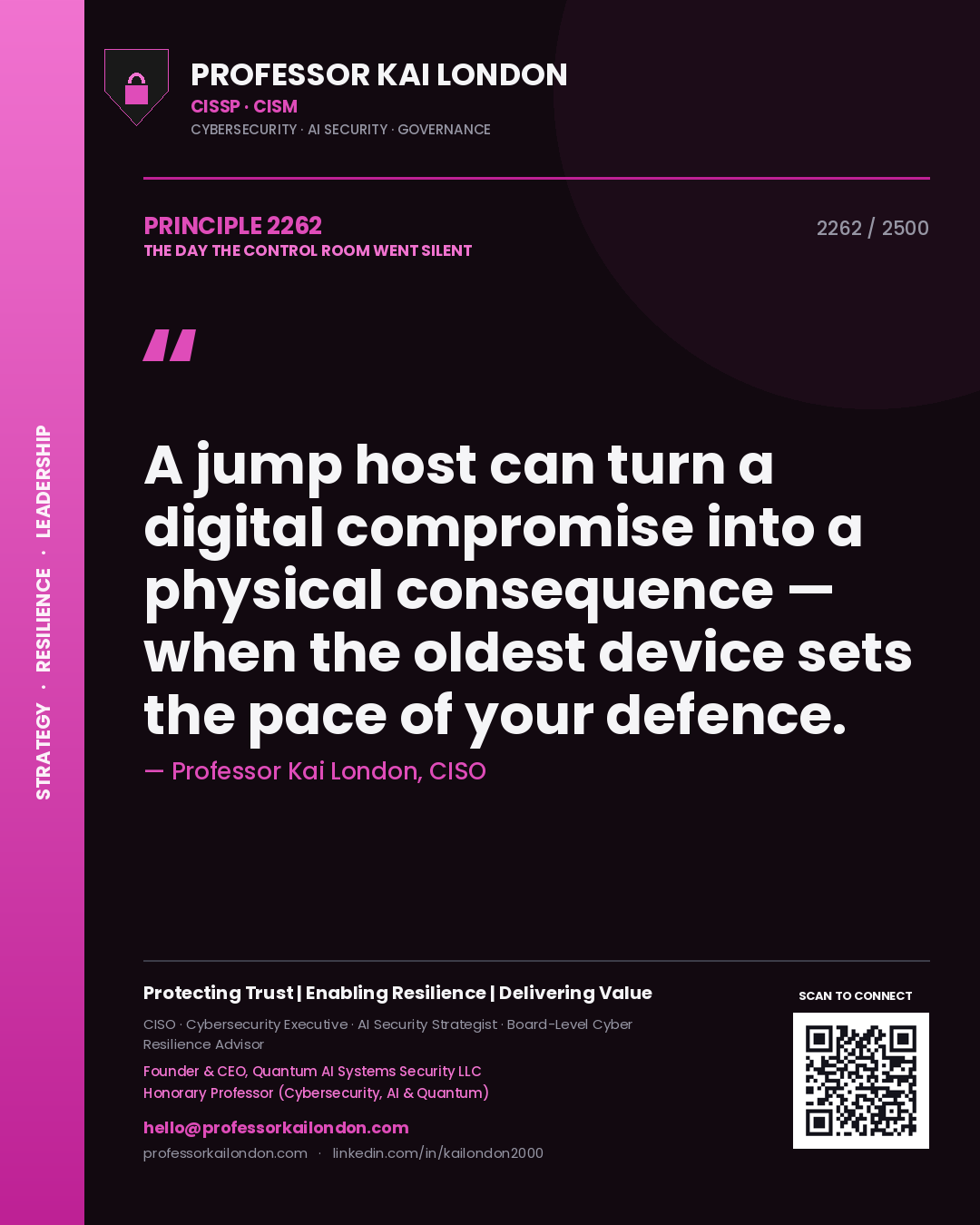 Professor Kai London principle 2262: A jump host can turn a digital compromise into a physical consequence — when the oldest device sets the pace of your defence.