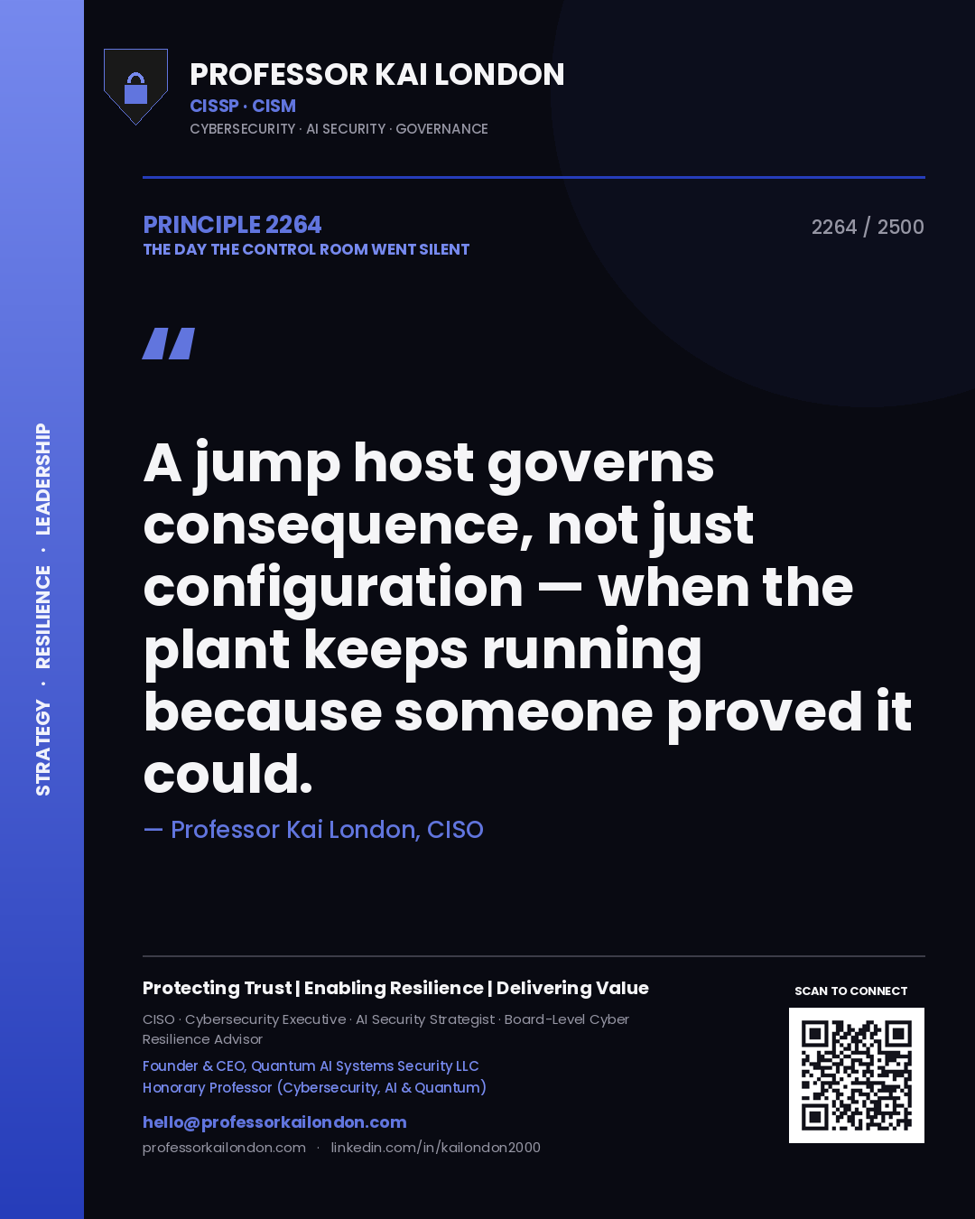 Quote card by Professor Kai London reading 'A jump host governs consequence, not just configuration — when the plant keeps running because someone proved it could.'. From the book The Day the Control Room Went Silent.