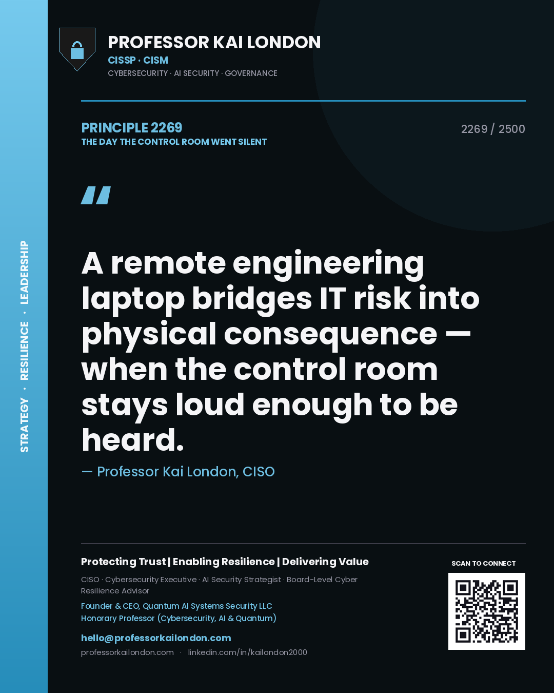 Quote card by Professor Kai London reading 'A remote engineering laptop bridges IT risk into physical consequence — when the control room stays loud enough to be heard.'. From the book The Day the Control Room Went Silent.