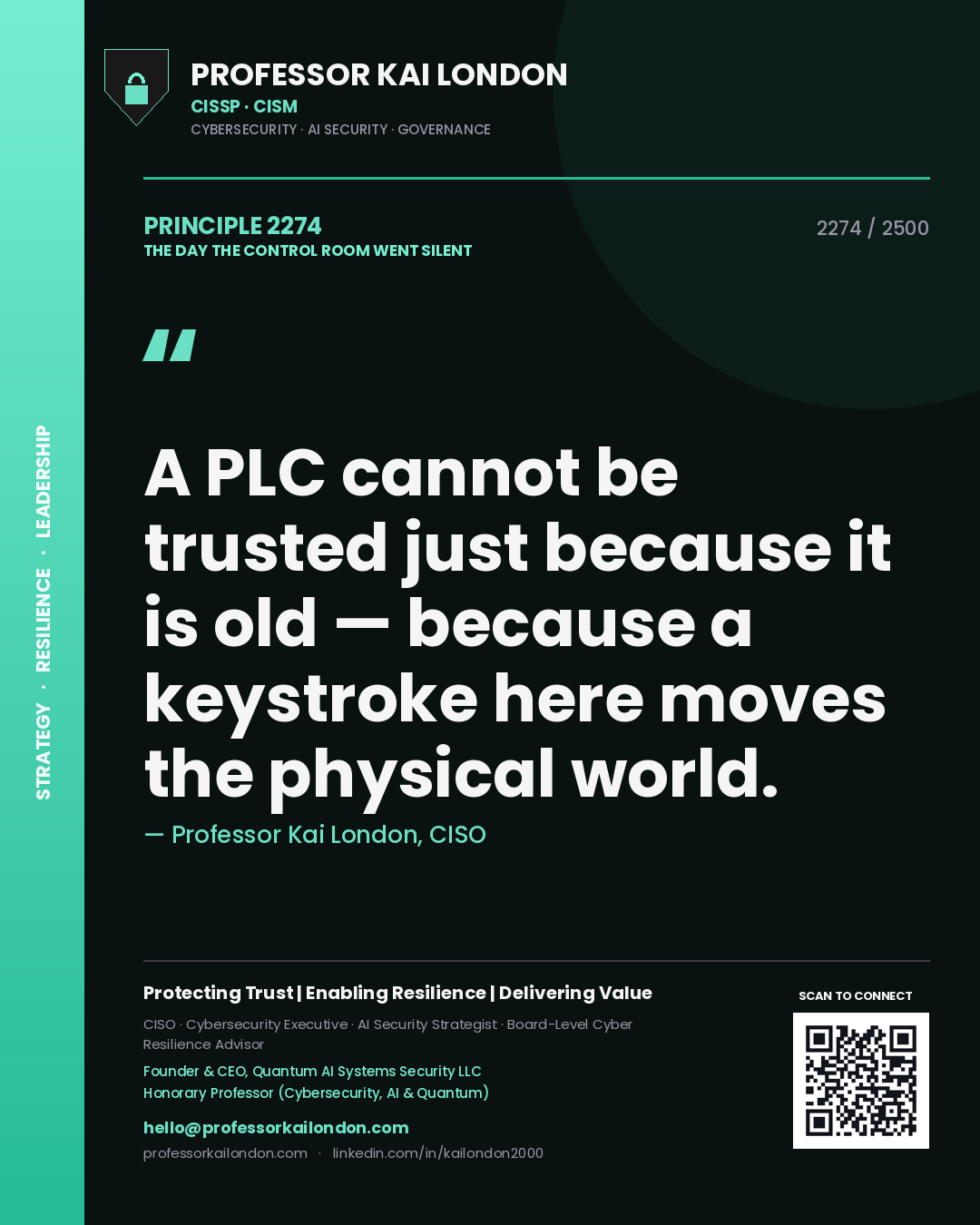 Quote card by Professor Kai London reading 'A PLC cannot be trusted just because it is old — because a keystroke here moves the physical world.'. From the book The Day the Control Room Went Silent.