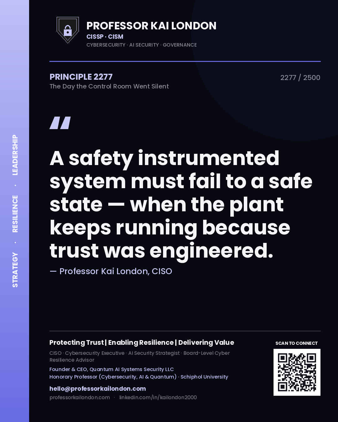 Quote card by Professor Kai London reading 'A safety instrumented system must fail to a safe state — when the plant keeps running because trust was engineered.'. From the book The Day the Control Room Went Silent.