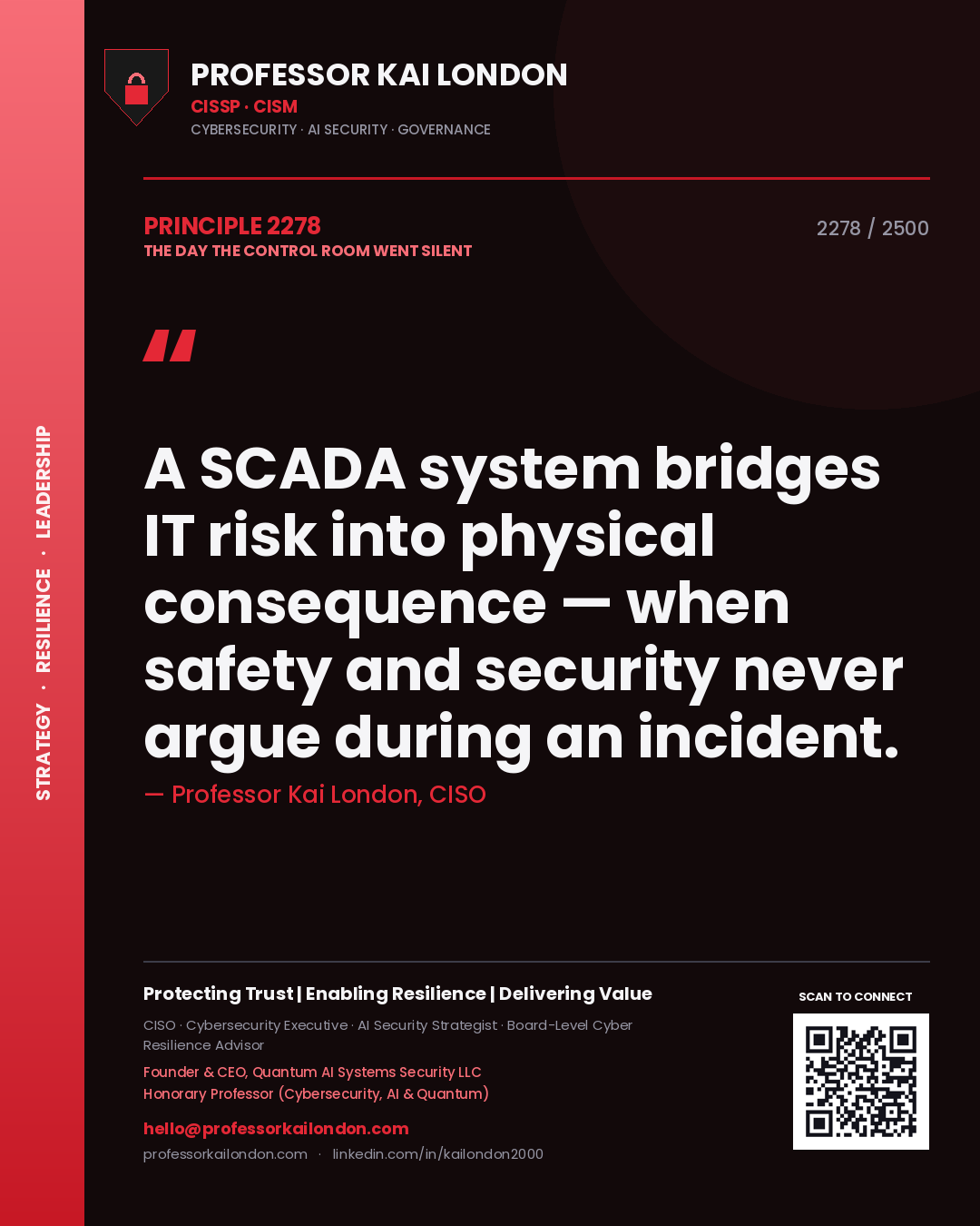 Quote card by Professor Kai London reading 'A SCADA system bridges IT risk into physical consequence — when safety and security never argue during an incident.'. From the book The Day the Control Room Went Silent.