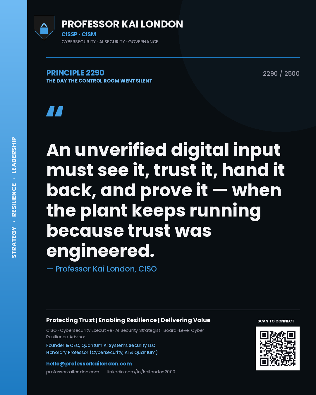 Quote card by Professor Kai London reading 'An unverified digital input must see it, trust it, hand it back, and prove it — when the plant keeps running because trust was engineered.'. From the book The Day the Control Room Went Silent.