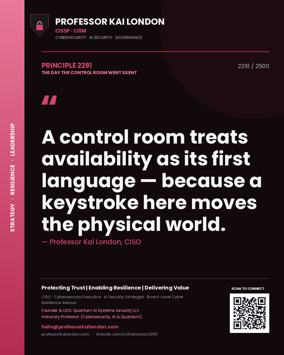 Quote card by Professor Kai London reading 'A control room treats availability as its first language — because a keystroke here moves the physical world.'. From the book The Day the Control Room Went Silent.
