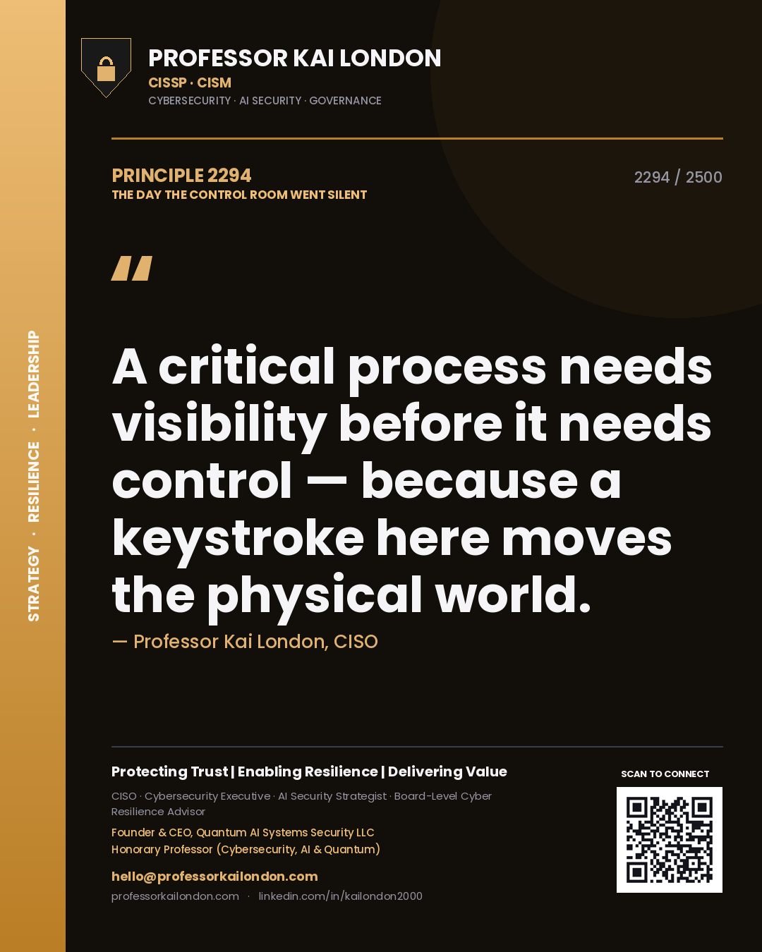Quote card by Professor Kai London reading 'A critical process needs visibility before it needs control — because a keystroke here moves the physical world.'. From the book The Day the Control Room Went Silent.