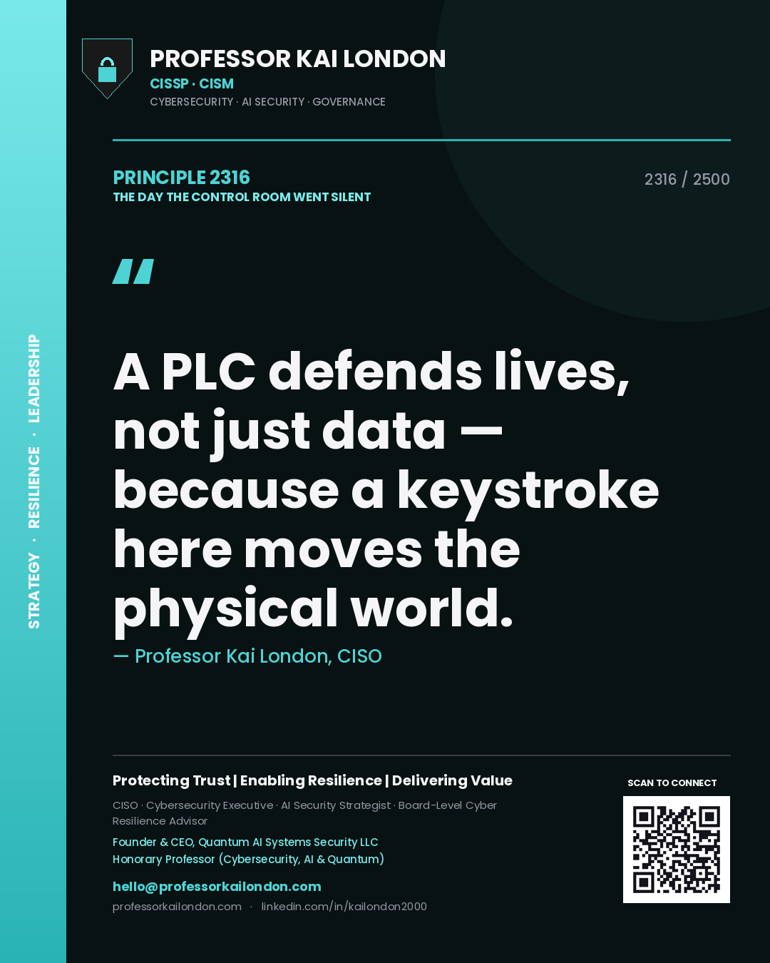 Quote card by Professor Kai London reading 'A PLC defends lives, not just data — because a keystroke here moves the physical world.'. From the book The Day the Control Room Went Silent.
