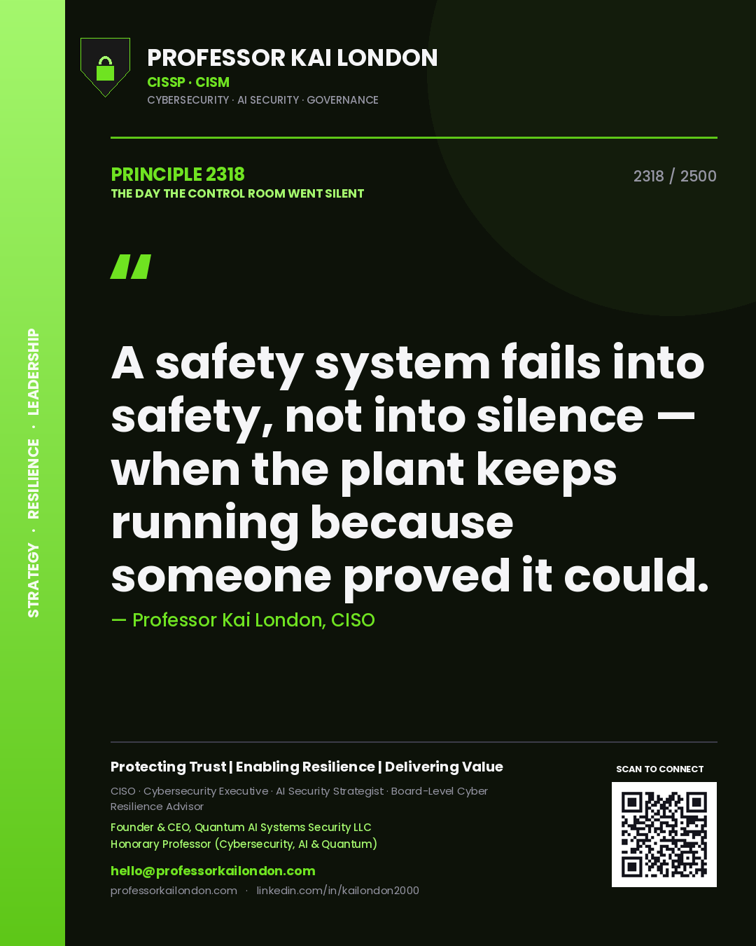 Quote card by Professor Kai London reading 'A safety system fails into safety, not into silence — when the plant keeps running because someone proved it could.'. From the book The Day the Control Room Went Silent.