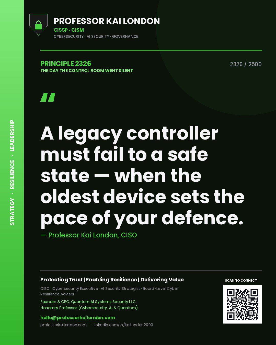 Quote card by Professor Kai London reading 'A legacy controller must fail to a safe state — when the oldest device sets the pace of your defence.'. From the book The Day the Control Room Went Silent.